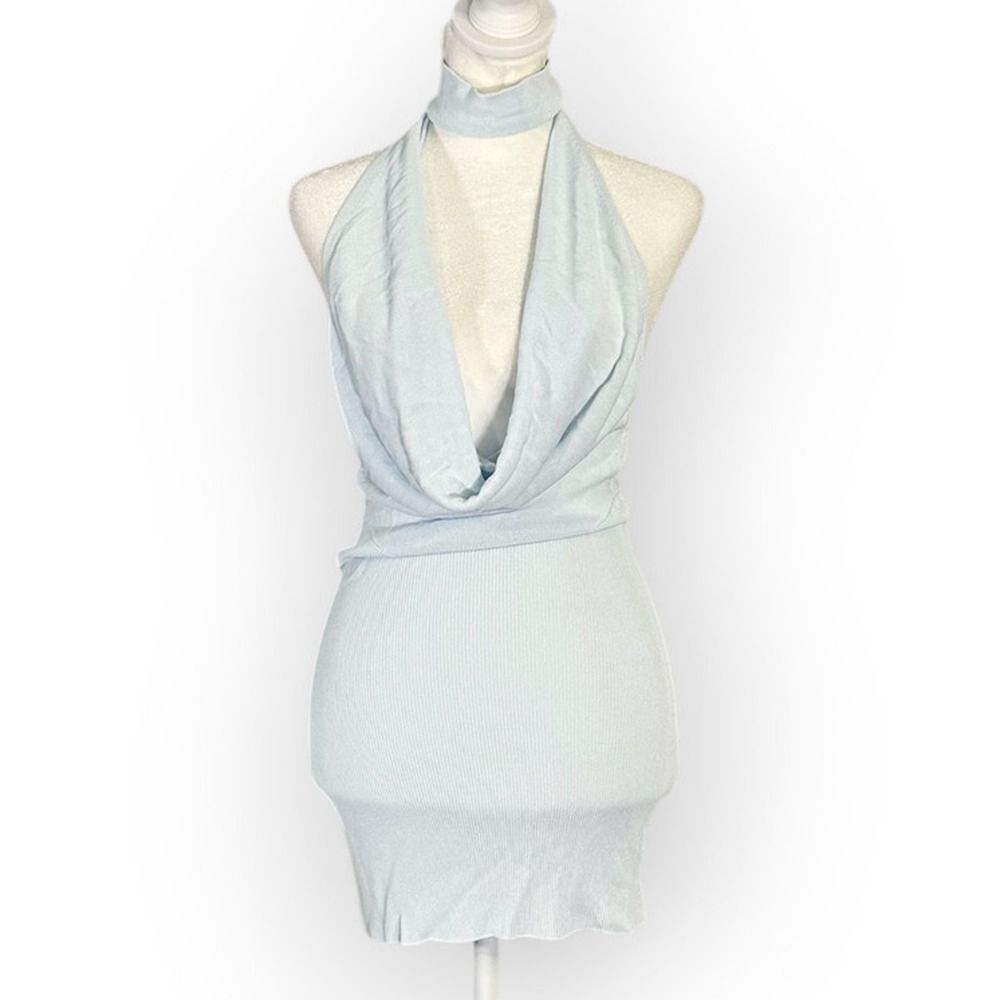 Aya Muse Tipo Mini Dress Women's XXS Light Blue Cowl Neck Open Back Halter $650